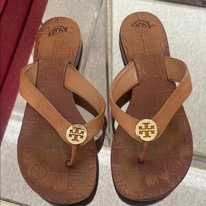 Tory Burch Tan Leather Flip Flops